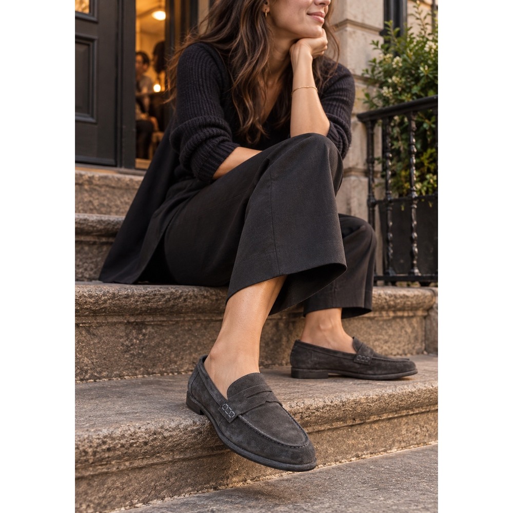 Sam Edelman Birch Charcoal Gray Suede Penny Loafers Classic Slip On Minimal 8M